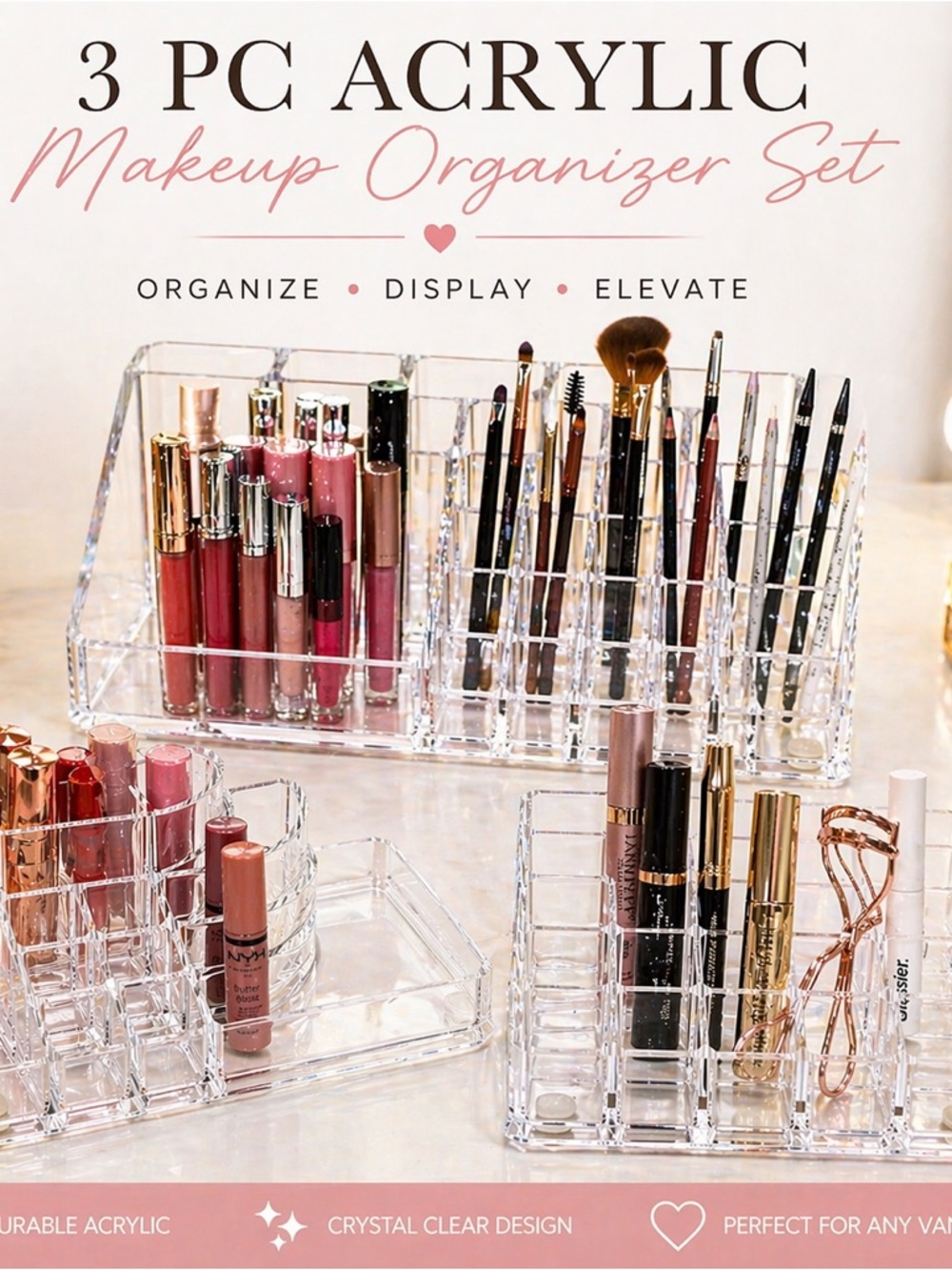 Clear Acrylic Makeup Organizer Set 3 Pc Vanity Storage Lipstick Holder